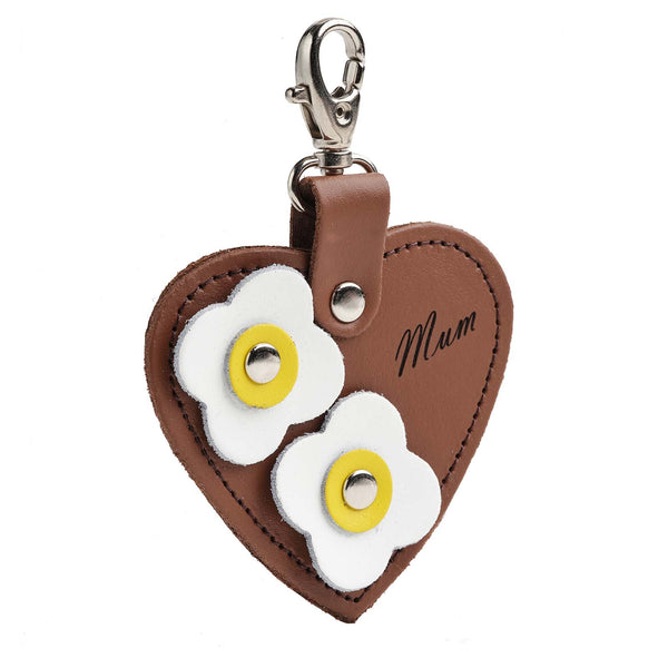 Love heart bag charm - with 'Mum' engraving and flower appliques - Chestnut