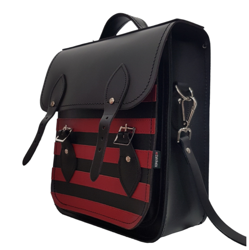 Handmade Leather City Backpack - Gothic Striped Red & Black