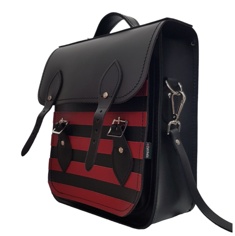 Zatchels Gothic Black Red Striped Handmade Leather City Backpack