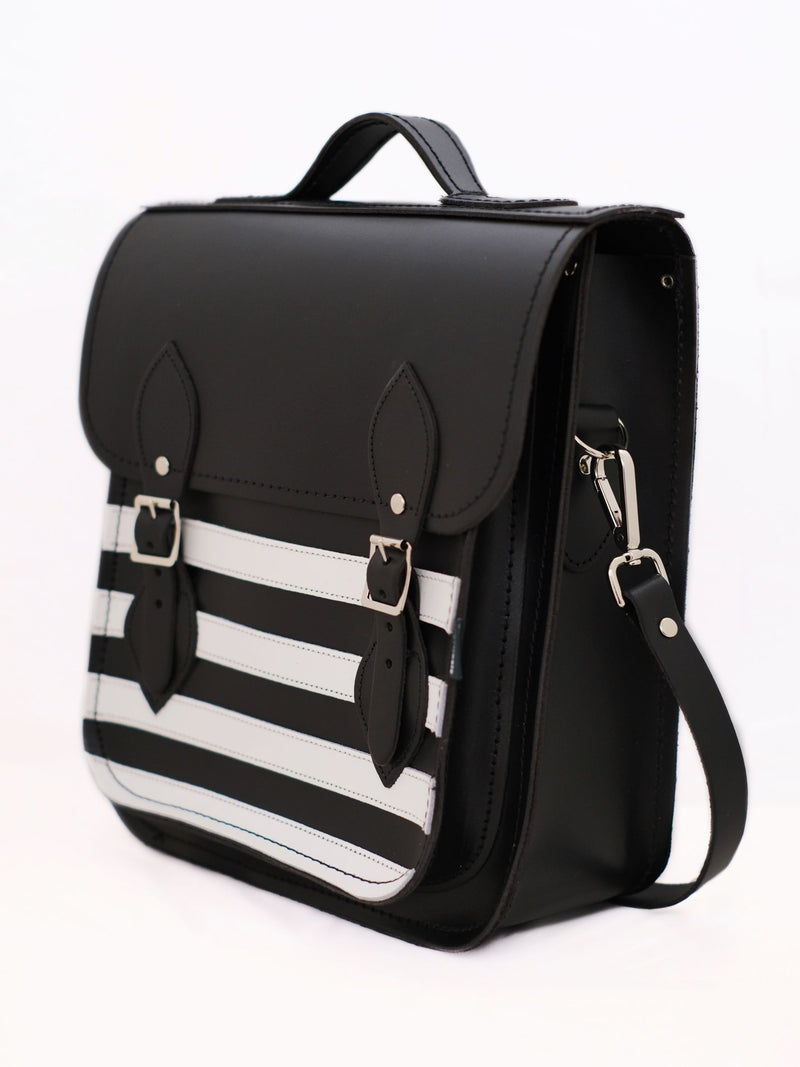 Handmade Leather City Backpack - Gothic Striped White & Black