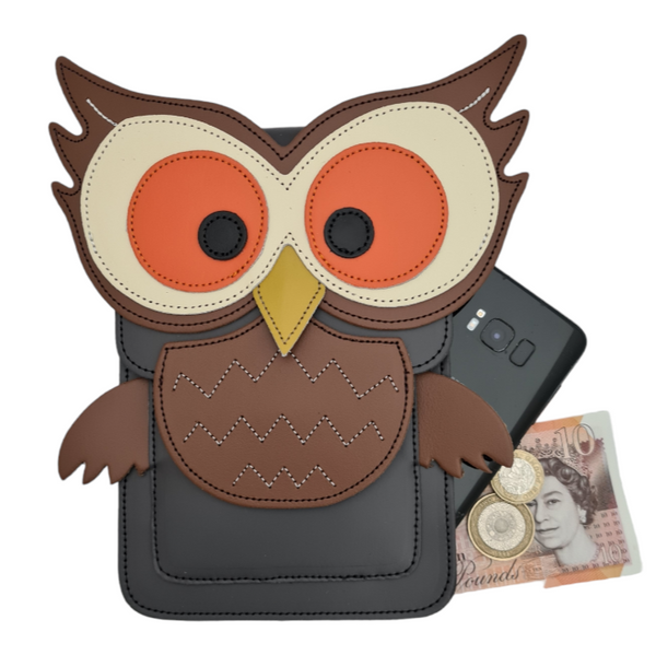 Handmade Leather Mobile Phone Pouch Plus - Hoot Owl - Graphite