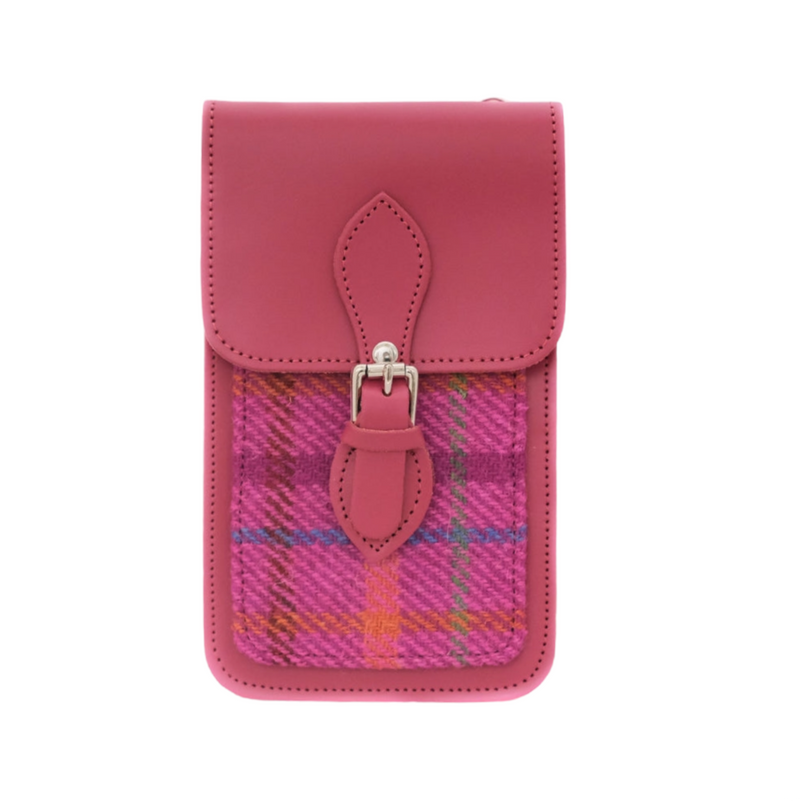 Handmade Leather & Tweed Mobile Phone Pouch - Magenta