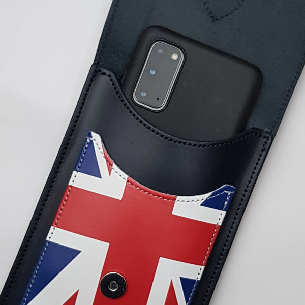 Handmade Leather Mobile Phone Pouch Union Jack - Navy Blue