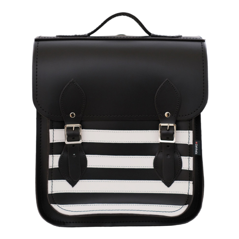 Handmade Leather City Backpack - Gothic Striped White & Black